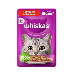 پوچ گربه ویسکاس whiskas طعم گوشت گاو و بره در ژل بافت تکه ای وزن 75 گرم