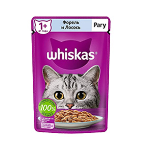پوچ گربه ویسکاس whiskas طعم ماهی قزل آلا و سالمون در سس بافت تکه ای وزن 75 گرم