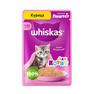 پوچ بچه گربه ویسکاس کیتن whiskas kitten طعم مرغ بافت پته وزن 75 گرم