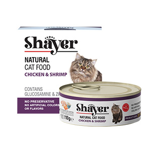 کنسرو گربه شایر shayer طعم مرغ و میگو در سس گوشت بافت نچرال وزن 110 گرم