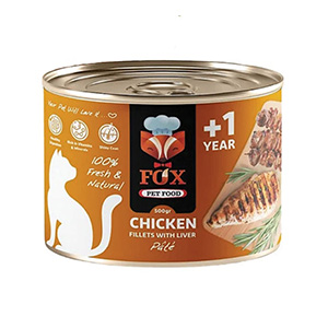 کنسرو گربه فاکس FOX طعم فیله مرغ و جگر وزن 500 گرم
