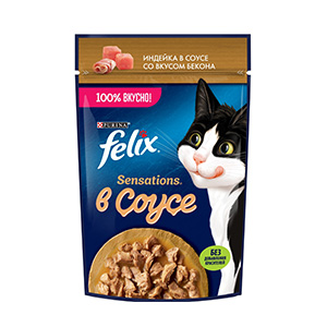 پوچ گربه فلیکس felix طعم بوقلمون در سس بیکن بافت تکه ای وزن 75 گرم