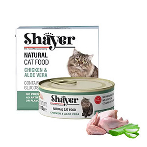 کنسرو گربه شایر shayer طعم مرغ و آلوئه ورا در سس گوشت بافت نچرال وزن 110 گرم
