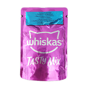 پوچ گربه ویسکاس whiskas طعم ماهی سفید و تن وزن 85 گرم