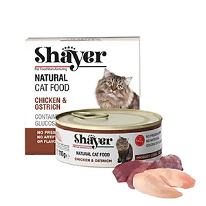 کنسرو گربه شایر shayer طعم مرغ و شترمرغ در سس گوشت بافت نچرال وزن 110 گرم
