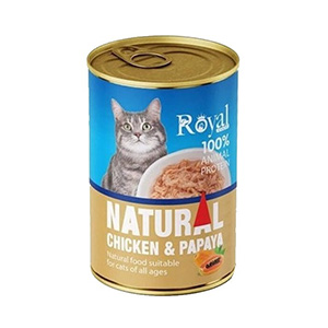 کنسرو گربه رویال کوکو royal coco natural طعم مرغ و پاپایا بافت نچرال وزن 380 گرم