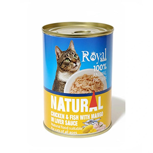 کنسرو گربه رویال کوکو royal coco natural طعم مرغ و ماهی و انبه در سس جگر بافت نچرال وزن 380 گرم