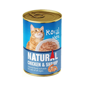 کنسرو گربه رویال کوکو royal coco natural طعم مرغ و میگو بافت نچرال وزن 380 گرم