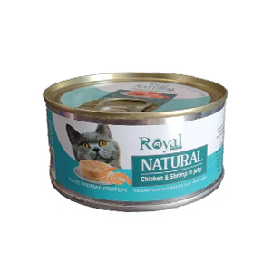 کنسرو گربه رویال کوکو royal coco natural طعم مرغ و میگو در ژل بافت نچرال وزن 220 گرم