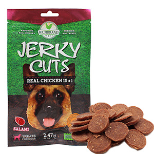 تشویقی سگ ووجی برند جرکی کاتس Wujibrand Jerky Cuts طعم سالامی مرغ وزن 70 گرم