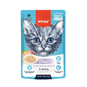 پوچ خورشتی بچه گربه ونپی استیو کیتن Wanpy Stew Chicken & Duck Kitten طعم مرغ و اردک در سس وزن 70 گرم