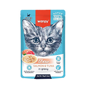 پوچ خورشتی بچه گربه ونپی استیو کیتن Wanpy Stew Salmon & Tuna Kitten طعم ماهی سالمون و تن در سس وزن 70 گرم