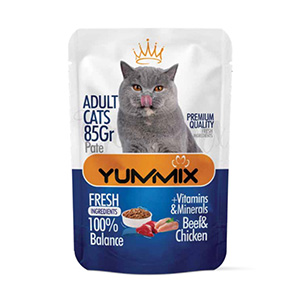پوچ گربه یامیکس Yummix طعم مرغ و گوشت قرمز بافت پته وزن 85 گرم