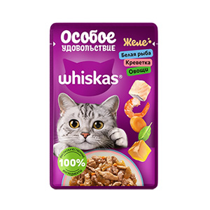 پوچ گربه ویسکاس whiskas طعم ماهی سفید و میگو و سبزیجات در ژله بافت تکه ای وزن 75 گرم