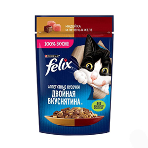 پوچ گربه فلیکس felix طعم جگر و بوقلمون در ژل بافت تکه ای وزن 75 گرم