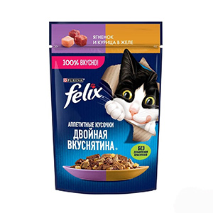 پوچ گربه فلیکس felix طعم بره و مرغ در ژل بافت تکه ای وزن 75 گرم