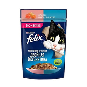 پوچ گربه فلیکس felix طعم ماهی قزل آلا و سالمون در ژل بافت تکه ای وزن 75 گرم