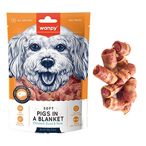 تشویقی نرم سگ دورپیچ خوک ونپی wanpy pigs in a blanket طعم خوک و اردک و مرغ وزن 100 گرم