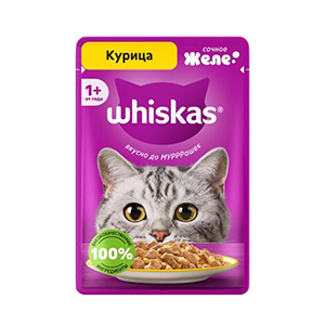 پوچ گربه ویسکاس whiskas طعم مرغ در ژله بافت تکه ای وزن 75 گرم