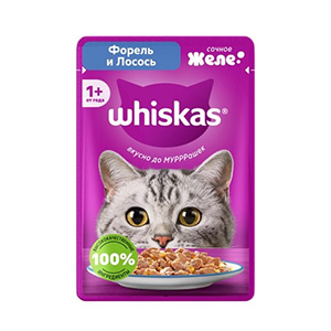 پوچ گربه ویسکاس whiskas طعم ماهی قزل آلا و سالمون در ژله بافت تکه ای وزن 75 گرم