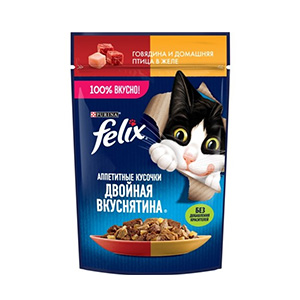 پوچ گربه فلیکس felix طعم مرغ و گوشت گاو در ژله بافت تکه ای وزن 75 گرم