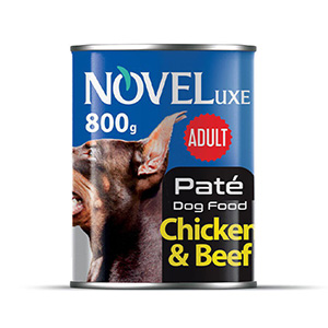 کنسرو سگ نوول Novel طعم مرغ و گوشت گاو بافت پته وزن 800 گرم