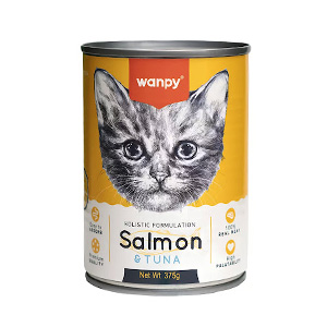 کنسرو بچه گربه کیتن ونپی wanpy kitten salmon & tuna طعم ماهی سالمون و تن بافت فشرده وزن 375 گرم