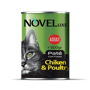 کنسرو گربه نوول لوکس Noveluxe طعم مرغ و ماکیان بافت پته وزن 800 گرم