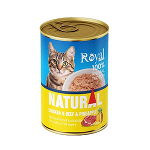 کنسرو گربه رویال کوکو royal coco natural طعم مرغ و گوشت گاو و آناناس بافت نچرال وزن 380 گرم