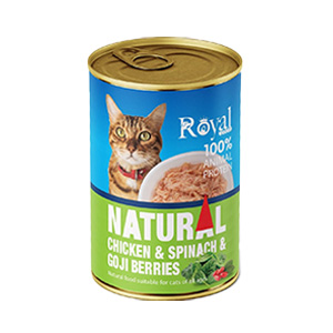 کنسرو گربه رویال کوکو royal coco natural طعم مرغ و اسفناج و گوجی بری بافت نچرال وزن 380 گرم
