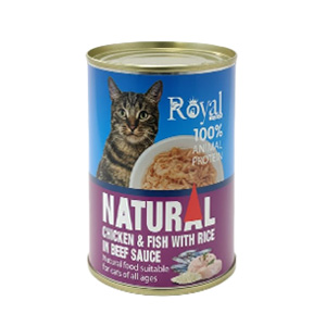 کنسرو گربه رویال کوکو royal coco natural طعم مرغ و ماهی و برنج در سس گوشت گاو بافت نچرال وزن 380 گرم