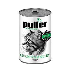 کنسرو گربه پولر puller chicken & poultry طعم مرغ و ماکیان بافت پته وزن 400 گرم