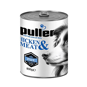 کنسرو سگ پولر puller chicken & meat طعم مرغ و گوشت بافت پته وزن 800 گرم