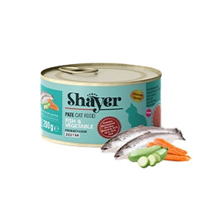 کنسرو گربه شایر shayer طعم ماهی و سبزیجات بافت پته وزن 200 گرم