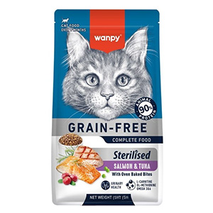 غذا خشک گربه عقیم شده ونپی طعم ماهی سالمون و تن wanpy sterilised salmon & tuna وزن 1.5 کیلوگرم