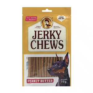 تشویقی سگ جرکی JERKY CHEWS طعم کره بادام زمینی وزن 70 گرم 