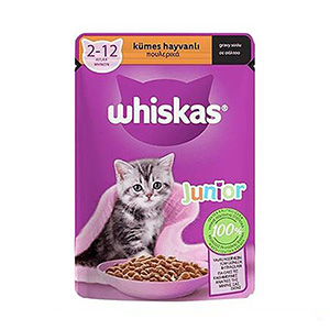 پوچ بچه گربه ویسکاس whiskas طعم ماکیان وزن 85 گرم