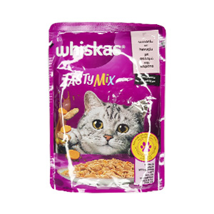 پوچ گربه ویسکاس whiskas طعم ماهی و هویج در سس وزن 85 گرم