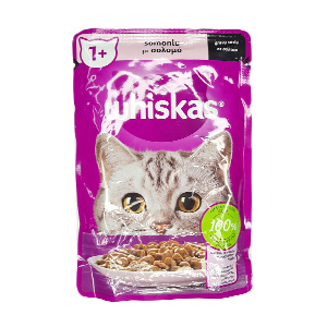 پوچ گربه ویسکاس whiskas طعم ماهی سالمون در سس وزن 85 گرم